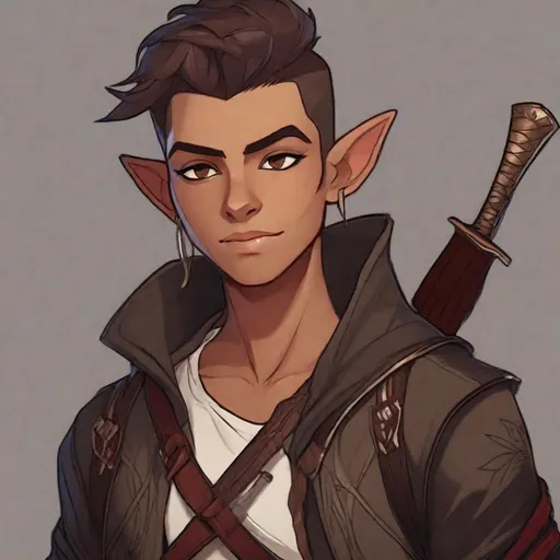 Prompt: DnD, a goblin androgynus child male, {{{{{no facial hair}}}}}, Assassins creed/speedster/Ban the fox sin/and Miles Morales inspired, featuring an aberrant dragonmark scar on his shoulder. He's styled as an darker tone earth-themed dungeons and dragons fantasy world stealth Rogue, wielding whisper the dagger from critical role, in a fantasy forest background, Make in sleepygrimms art style
