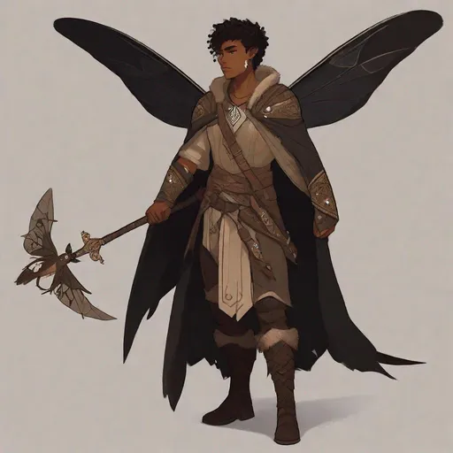 Prompt: a tiny light brown skin younger male, {{{{{no facial hair}}}}}, Pixie race, tattered soot covered Vantablack moth wings on back, featuring an aberrant dragonmark scar across his body. He's styled as an lighter tone earth-themed Rune Knight Barbarian, wielding druid like gargantuan walking stick three times his size, in a fantasy forest setting, The art can be a sketch, drawing, or illustration.