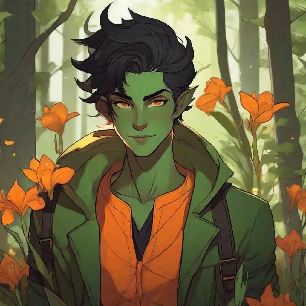 Prompt: {{{{androgynous goblin-like green skin male glowing orange irises}}}}, teenage character, taller than average,  aerodynamic build, no facial hair, black hair under hood, sharp-toothed grin, styled as a stealth Rogue, holding Whisper {dagger, Critical Role}, Placed in a fantasy forest background, capturing the essence of a darker, earth-themed D&D world.