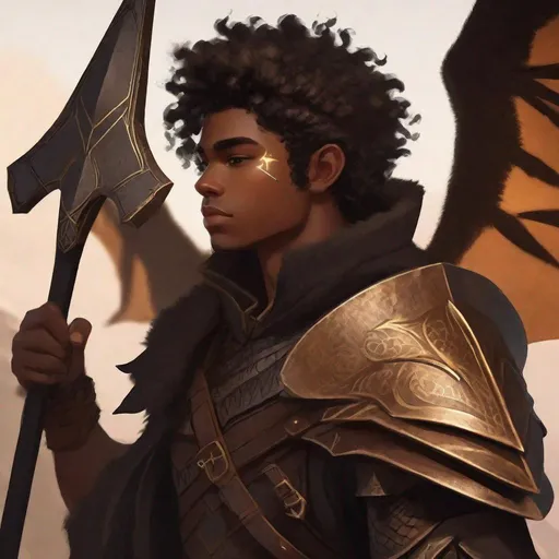 Prompt: a tiny light brown skin younger male, {{{{{no beard}}}}}, Fairy/Pixie race, tattered soot covered Vantablack wings, featuring an aberrant dragonmark scar on his shoulder. He's styled as an lighter tone earth-themed Rune Knight Barbarian, wielding druid like gargantuan great axe three times his size, with a build like Grog Strongjaw from critical role but very skinny, in a fantasy forest background, The art can be a sketch, drawing, or illustration.