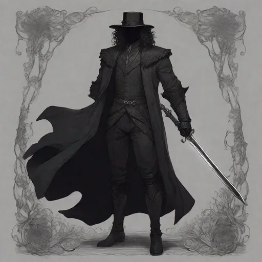 Prompt: NO HAT, Pre-Victorian age fantasy setting, commoner suit, large muscular male type body, Gelatinous Body, Full Body Vantablack Skin, Vantablack Slime Body, no facial features, no face, no eyes, fantasy setting, unhinged, creepy, living shadow, curly hair, sketch, drawing, or illustration holding {a double sided Sword. a rose-shaped hilt. Hilt is Black Metal. detailed}, fighting pose, dungeons and dragons, outdoors, 50mm