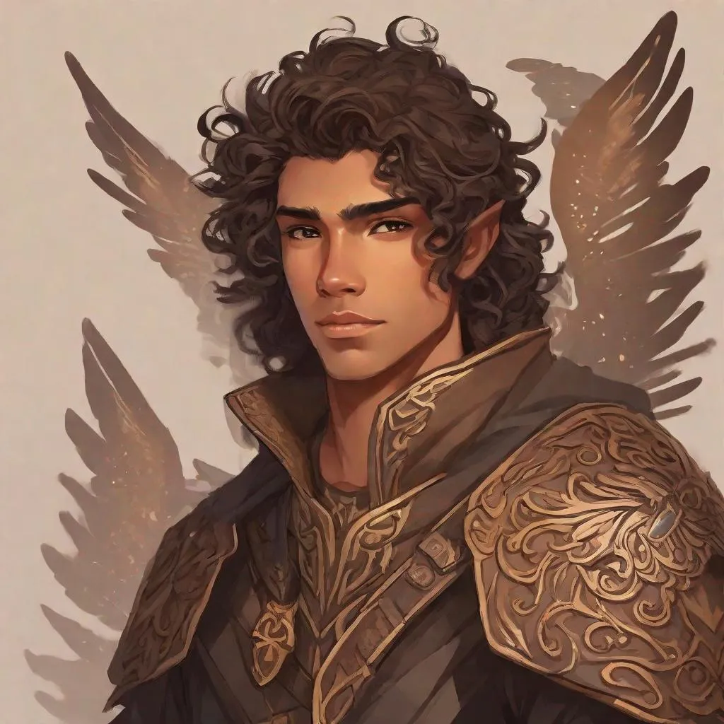 Prompt: a tiny light brown skin younger male, Long curly brown hair, {{{{{no facial hair}}}}}, Pixie race, tattered soot covered Vantablack moth wings on back,  aberrant dragonmark scar on  shoulder. He's styled as an lighter tone earth-themed Rune Knight Barbarian, wielding druid like gargantuan tree trunk three times his size, with a build like Miles Morales, in a fantasy forest background, The art can be a sketch or illustration.