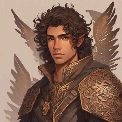 Prompt: a tiny light brown skin younger male, Long curly brown hair, {{{{{no facial hair}}}}}, Pixie race, tattered soot covered Vantablack moth wings on back,  aberrant dragonmark scar on  shoulder. He's styled as an lighter tone earth-themed Rune Knight Barbarian, wielding druid like gargantuan tree trunk three times his size, with a build like Miles Morales, in a fantasy forest background, The art can be a sketch or illustration.