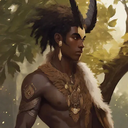 Prompt: a tiny light brown skin younger male, {{{{{no facial hair}}}}}, Pixie race, tattered soot covered Vantablack moth wings on back, featuring an aberrant dragonmark scar on his shoulder. He's styled as an lighter tone earth-themed Rune Knight Barbarian, wielding druid like gargantuan tree trunk three times his size, with a build like Miles Morales, in a fantasy forest background, The art can be a sketch, drawing, or illustration.