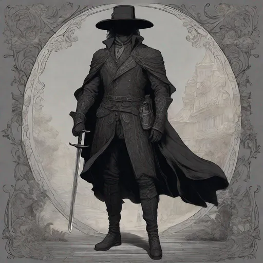 Prompt: Pre-Victorian age fantasy setting, commoner suit, large muscular male type body, Gelatinous Body, Full Body Vantablack Skin, Vantablack Slime Body, no facial features, no face, no eyes, fantasy setting, unhinged, creepy, living shadow, curly hair, not wearing hat, sketch, drawing, or illustration holding {a double sided Sword. a rose-shaped hilt. Hilt is Black Metal. detailed}, fighting pose, dungeons and dragons, outdoors, 50mm