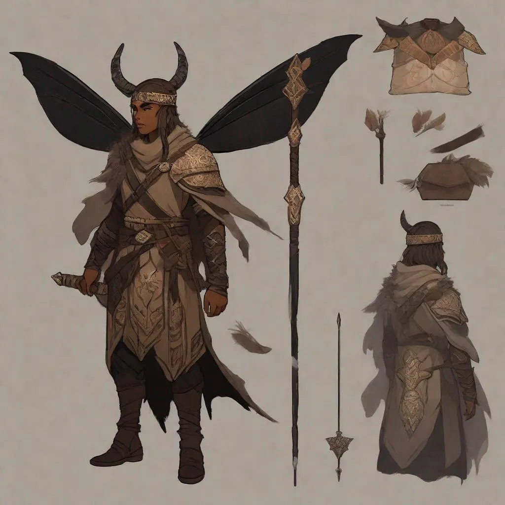 Prompt: a tiny light brown skin younger male, {{{{{no facial hair}}}}}, Pixie race, tattered soot covered Vantablack moth wings on back, featuring an aberrant dragonmark scar across his body. He's styled as an lighter tone earth-themed Rune Knight Barbarian, wielding druid like gargantuan walking stick three times his size, with a build like Grog Strongjaw from critical role but very skinny, in a fantasy forest background, The art can be a sketch, drawing, or illustration.