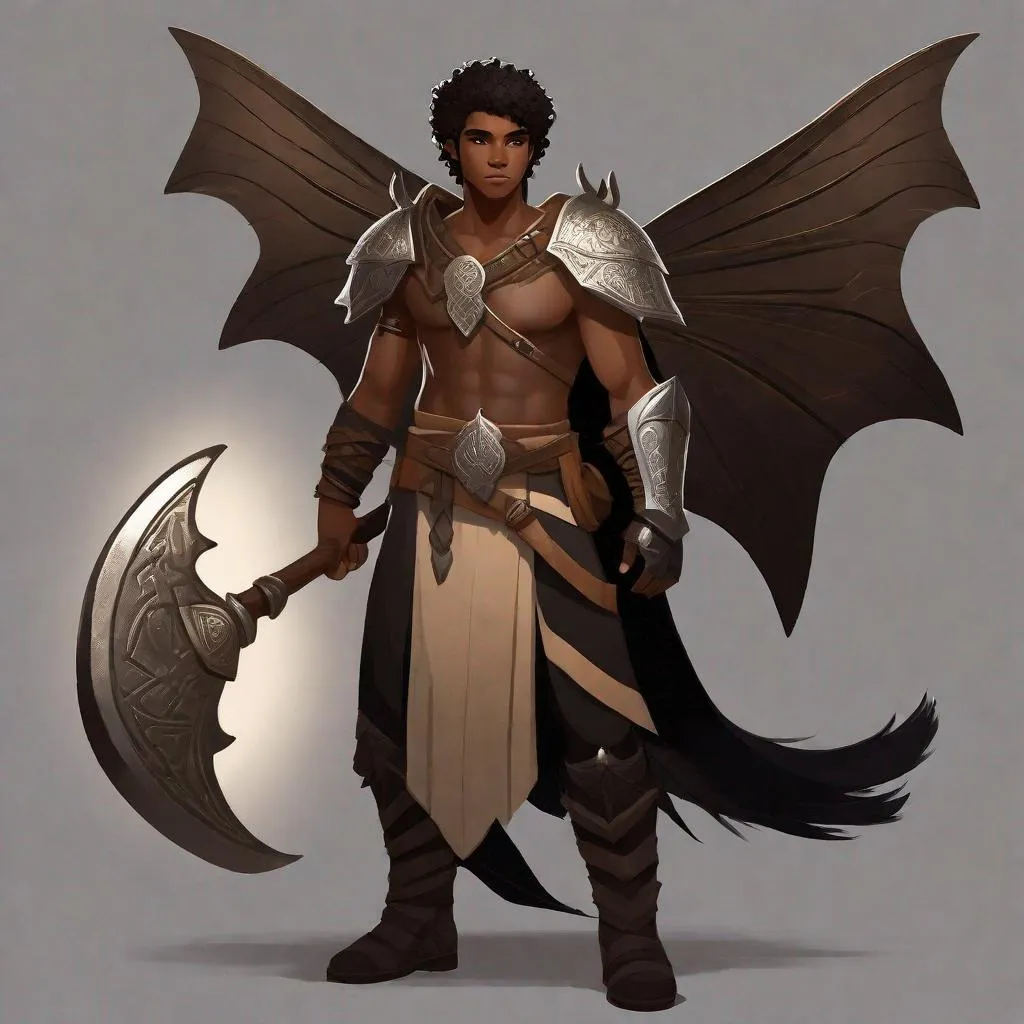 Prompt: a tiny light brown skin younger male, {{{{{no facial hair}}}}}, Pixie race, tattered soot covered Vantablack moth wings, featuring an aberrant dragonmark scar on his shoulder. He's styled as an lighter tone earth-themed Rune Knight Barbarian, wielding druid like gargantuan great axe three times his size, with a build like Grog Strongjaw from critical role but very skinny, in a fantasy forest background, The art can be a sketch, drawing, or illustration.