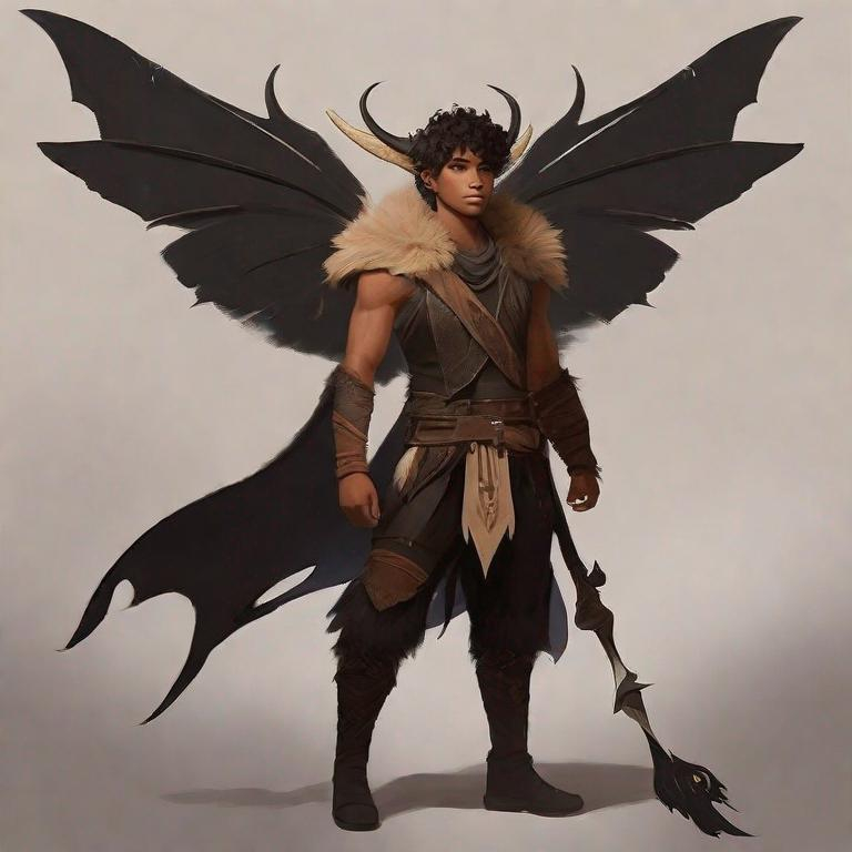 Prompt: a tiny light brown skin younger male, {{{{{no facial hair}}}}}, Pixie race, tattered soot covered Vantablack moth wings on back, featuring an aberrant dragonmark scar across his body. He's styled as an lighter tone earth-themed Rune Knight Barbarian, wielding druid like gargantuan walking stick three times his size, in a fantasy forest setting, The art can be a sketch, drawing, or illustration.