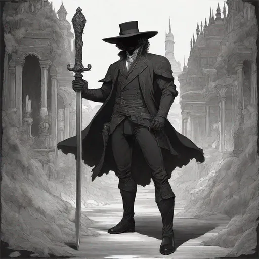 Prompt: NO HAT, Pre-Victorian age fantasy setting, commoner suit, large muscular male type body, Gelatinous Body, Full Body Vantablack Skin, Vantablack Slime Body, no facial features, no face, no eyes, fantasy setting, unhinged, creepy, living shadow, curly hair, sketch, drawing, or illustration holding {a double sided Sword. a rose-shaped hilt. Hilt is Black Metal. detailed}, fighting pose, dungeons and dragons, outdoors, 50mm