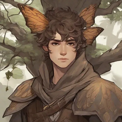 Prompt: a tiny light brown skin younger male, {{{{{no facial hair}}}}}, Pixie race, tattered soot covered Vantablack moth wings on back, featuring an aberrant dragonmark scar on his shoulder. He's styled as an lighter tone earth-themed Rune Knight Barbarian, wielding druid like gargantuan tree trunk three times his size, with a build like Miles Morales, in a fantasy forest background, The art can be a sketch or illustration.