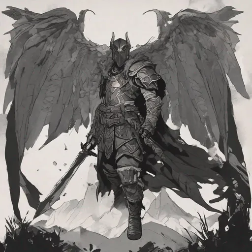 Prompt: Draw a small young male with no beard Fairy/Pixie with tattered soot covered vantablack wings, featuring an aberrant dragonmark scar on his shoulder. He's styled as an earth-themed Rune Knight Barbarian, Brandishes a gargantuan great axe three times his size, with a build like Grog Strongjaw from critical role. The art can be a sketch, painting, drawing, or illustration.