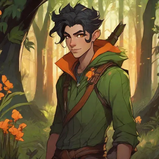 Prompt: {{{{androgynous goblin-like green skin male glowing orange irises}}}}, teenage character, taller than average,  aerodynamic build, no facial hair, black hair under hood, sharp-toothed grin, styled as a stealth Rogue, holding Whisper {dagger, Critical Role}, Placed in a fantasy forest background, capturing the essence of a darker dnd world. The art can be a sketch, drawing, or illustration. fighting pose, dungeons and dragons, outdoors, 50mm