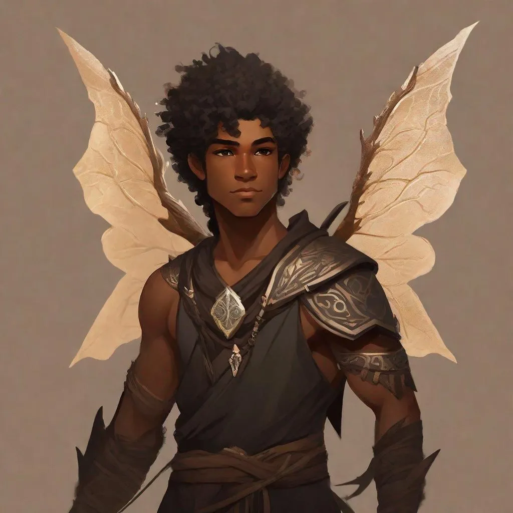 Prompt: a tiny light brown skin younger male, {{{{{no facial hair}}}}}, Fey Pixie race, tattered soot covered Vantablack moth wings on back, featuring an aberrant dragonmark scar on his shoulder. He's styled as an lighter tone earth-themed Rune Knight Barbarian, wielding druid like gargantuan tree trunk three times his size, with a build like Grog Strongjaw from critical role but very skinny, in a fantasy forest background, The art can be a sketch, drawing, or illustration.