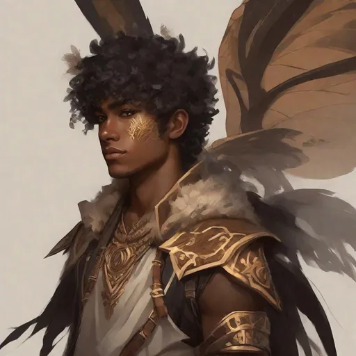 Prompt: a tiny light brown skin younger male, {{{{{no facial hair}}}}}, Pixie race, tattered soot covered Vantablack moth wings on back, featuring an aberrant dragonmark scar on his shoulder. He's styled as an lighter tone earth-themed Rune Knight Barbarian, wielding druid like gargantuan tree trunk three times his size, with a build like Miles Morales, in a fantasy forest background, The art can be a sketch or illustration.