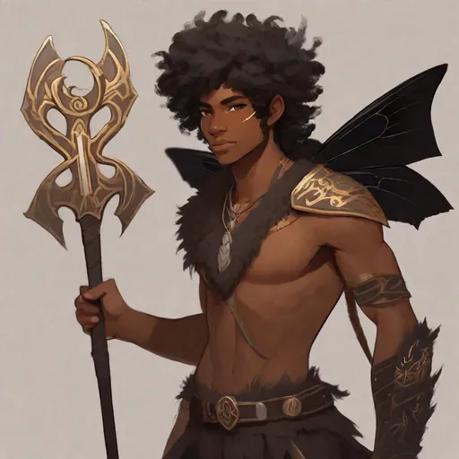 Prompt: a tiny light brown skin younger male, {{{{{no facial hair}}}}}, Pixie race, tattered soot covered Vantablack moth wings on back, featuring an aberrant dragonmark scar across his body. He's styled as an lighter tone earth-themed Rune Knight Barbarian, wielding druid like gargantuan walking stick three times his size, with a build like Grog Strongjaw from critical role but very skinny, in a fantasy forest background, The art can be a sketch, drawing, or illustration.