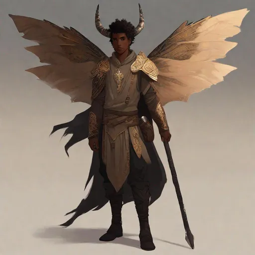 Prompt: a tiny light brown skin younger male, {{{{{no facial hair}}}}}, Pixie race, tattered soot covered Vantablack moth wings on back, featuring an aberrant dragonmark scar across his body. He's styled as an lighter tone earth-themed Rune Knight Barbarian, wielding druid like gargantuan walking stick three times his size, in a fantasy forest setting, The art can be a sketch, drawing, or illustration.