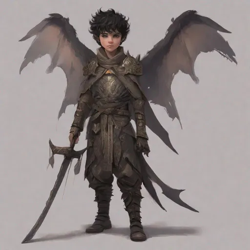 Prompt: a tiny young male, {{{{{no beard}}}}}, Fairy/Pixie race, tattered soot covered Vantablack pixie wings, featuring an aberrant dragonmark scar on his shoulder. He's styled as an lighter tone earth-themed Rune Knight Barbarian, Brandishes a gargantuan great axe three times his size, with a build like Grog Strongjaw from critical role but very skinny. The art can be a sketch, painting, drawing, or illustration.