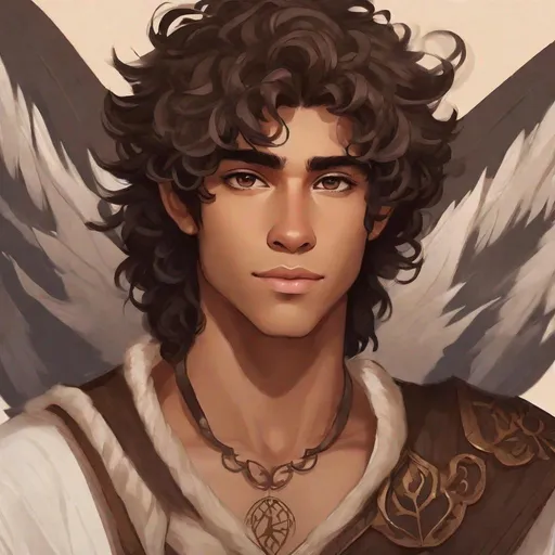 Prompt: a tiny light brown skin younger male, Long curly brown hair, {{{{{no facial hair}}}}}, Pixie race, tattered soot covered Vantablack moth wings on back,  aberrant dragonmark scar on  shoulder. He's styled as an lighter tone earth-themed Rune Knight Barbarian, wielding druid like gargantuan tree trunk three times his size, with a build like Miles Morales, in a fantasy forest background, The art can be a sketch or illustration.