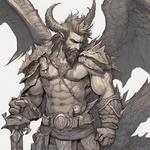 Prompt: Draw a small male Fairy/Pixie with tattered soot covered dragon wings, featuring an aberrant dragonmark scar on his shoulder. He's styled as an earth-themed Rune Knight Barbarian, Brandishes a gargantuan great axe three times his size, with a build like Kratos/Grog Strongjaw from critical role. The art can be a sketch, painting, drawing, or illustration.