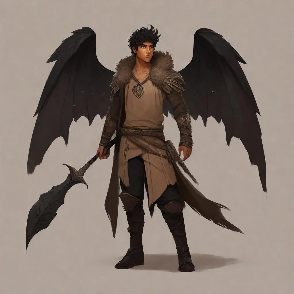 Prompt: a tiny light brown skin younger male, {{{{{no facial hair}}}}}, Pixie race, tattered soot covered Vantablack moth wings on back, featuring an aberrant dragonmark scar across his body. He's styled as an lighter tone earth-themed Rune Knight Barbarian, wielding druid like gargantuan walking stick three times his size, with a build like Grog Strongjaw from critical role but very skinny, in a fantasy forest background, The art can be a sketch, drawing, or illustration.