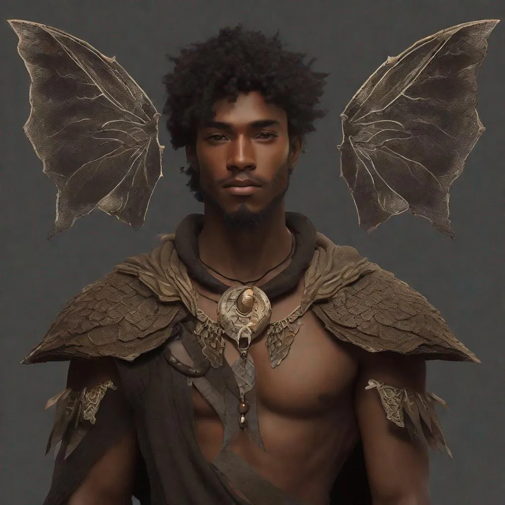 Prompt: a tiny light brown skin younger male, {{{{{no facial hair}}}}}, Pixie race, tattered soot covered Vantablack moth wings on back, featuring an aberrant dragonmark scar on his shoulder. He's styled as an lighter tone earth-themed Rune Knight Barbarian, wielding druid like gargantuan tree trunk three times his size, with a build like Miles Morales, in a fantasy forest background, The art can be a sketch, drawing, or illustration.