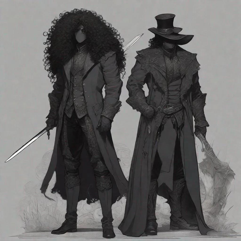 Prompt: NO HAT, Pre-Victorian age fantasy setting, commoner suit, large muscular male type body, Gelatinous Body, Full Body Vantablack Skin, Vantablack Slime Body, no facial features, no face, no eyes, fantasy setting, unhinged, creepy, living shadow, curly hair, sketch, drawing, or illustration holding {a double sided Sword. a rose-shaped hilt. Hilt is Black Metal. detailed}, fighting pose, dungeons and dragons, outdoors, 50mm