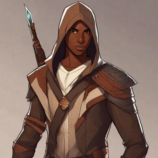 Prompt: DnD, a light brown skin slender and aerodynamic younger male, {{{{{no facial hair}}}}}, Assassins creed/speedster/Hermes/and Miles Morales  inspired, featuring an aberrant dragonmark scar on his shoulder. He's styled as an lighter tone earth-themed dungeons and dragons fantasy world stealth Rogue, wielding whisper the dagger from critical role, in a fantasy forest background, The art can be a sketch, drawing, or illustration.