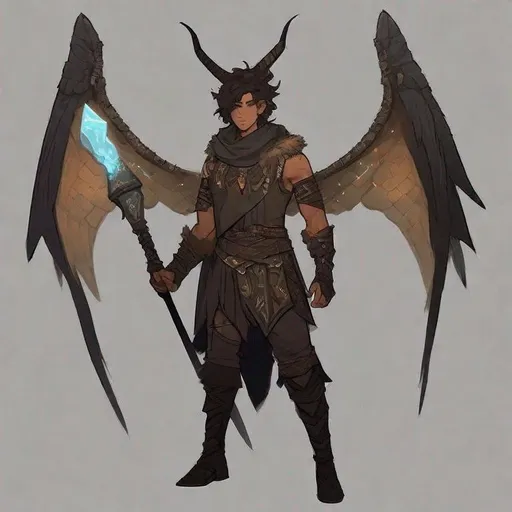 Prompt: a tiny light brown skin younger male, {{{{{no facial hair}}}}}, Pixie race, tattered soot covered Vantablack moth wings on back, featuring an aberrant dragonmark scar across his body. He's styled as an lighter tone earth-themed Rune Knight Barbarian, wielding druid like gargantuan walking stick three times his size, in a fantasy forest setting, The art can be a sketch, drawing, or illustration.