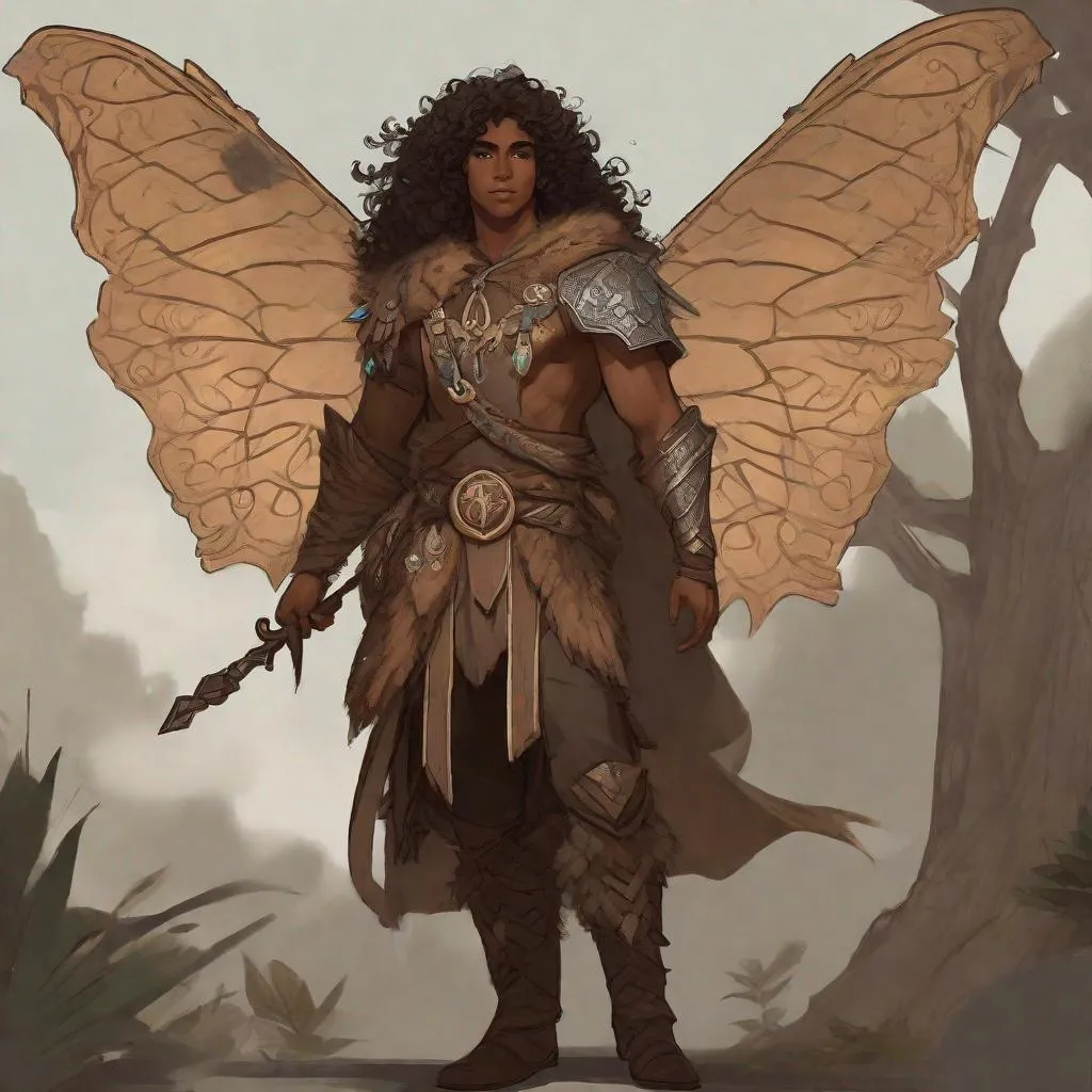 Prompt: a tiny light brown skin younger male, Long curly brown hair, {{{{{no facial hair}}}}}, Pixie race, tattered soot covered Vantablack moth wings on back,  aberrant dragonmark scar on  shoulder. He's styled as an lighter tone earth-themed Rune Knight Barbarian, wielding druid like gargantuan tree trunk three times his size, with a build like Miles Morales, in a fantasy forest background, The art can be a sketch or illustration.