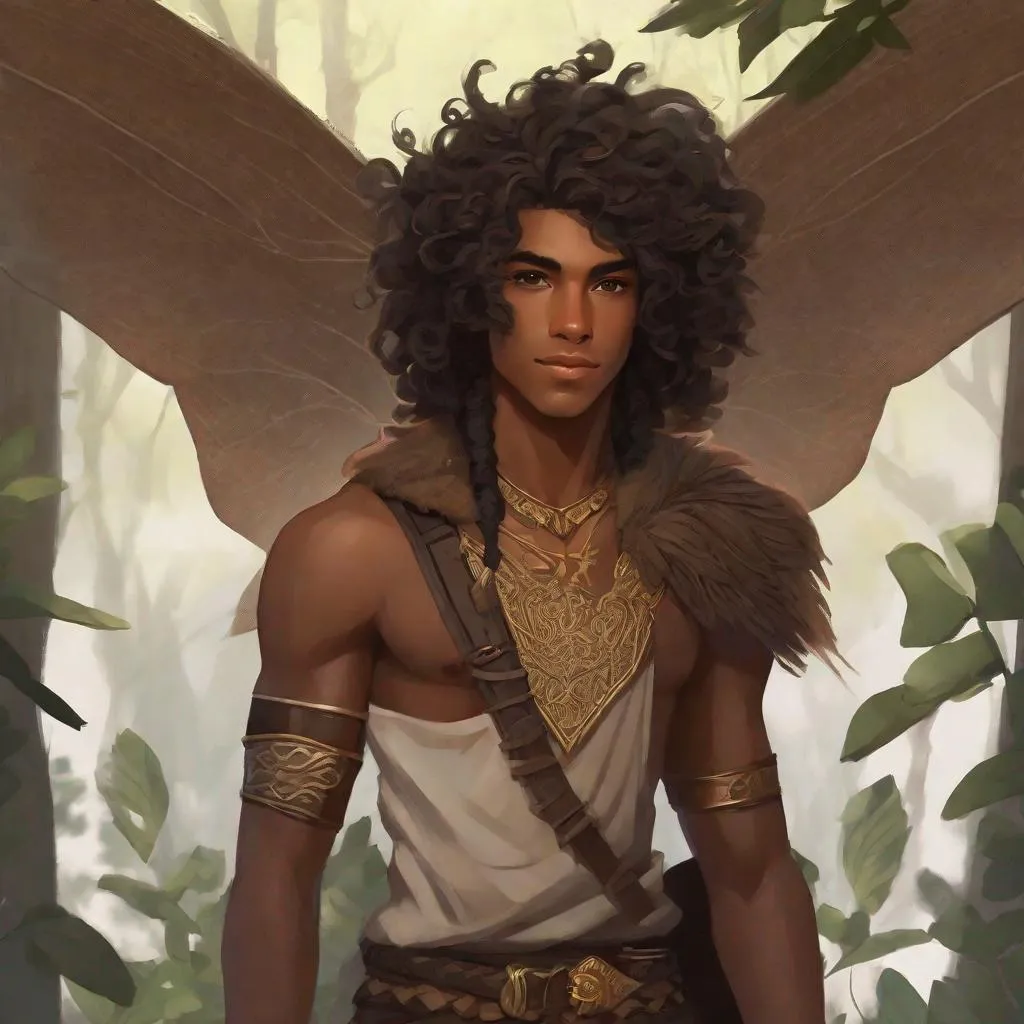 Prompt: a tiny light brown skin younger male, Long curly brown hair, {{{{{no facial hair}}}}}, Pixie race, tattered soot covered Vantablack moth wings on back,  aberrant dragonmark scar on  shoulder. He's styled as an lighter tone earth-themed Rune Knight Barbarian, wielding druid like gargantuan tree trunk three times his size, with a build like Miles Morales, in a fantasy forest background, The art can be a sketch or illustration.