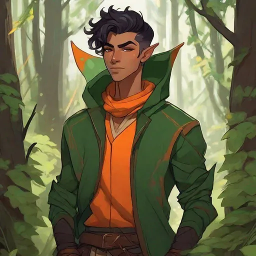 Prompt: {{{{androgynous goblin-like green skin male glowing orange irises}}}}, teenage character, taller than average,  aerodynamic build, no facial hair, black hair under hood, sharp-toothed grin, styled as a earth-themed stealth Rogue, holding Whisper {dagger, Critical Role}, Placed in a fantasy forest background, capturing the essence of a darker, earth-themed D&D world.