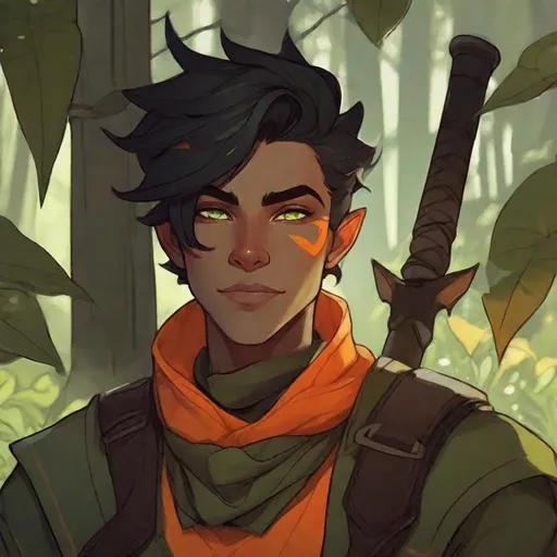 Prompt: {{{{androgynous goblin-like green skin male}}}}, teenage character, taller than average,  aerodynamic build, no facial hair, black hair under hood, glowing orange irises,  sharp-toothed grin, styled as a dark-toned earth-themed stealth Rogue, holding Whisper {dagger, Critical Role}, Placed in a fantasy forest background, capturing the essence of a darker, earth-themed D&D world.