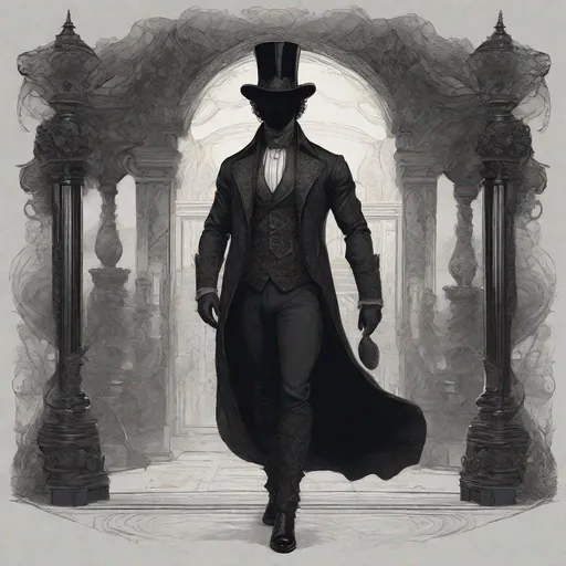 Prompt: Pre-Victorian age fantasy setting, commoner suit, large muscular male type body, Gelatinous Body, Full Body Vantablack Skin, Vantablack Slime Body, no facial features, no face, no eyes, fantasy setting, unhinged, creepy, living shadow, curly hair, not wearing hat, sketch, drawing, or illustration.