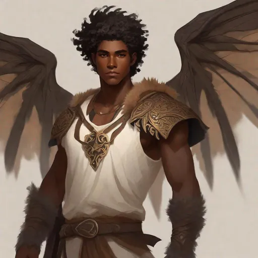 Prompt: a tiny light brown skin younger male, {{{{{no facial hair}}}}}, Pixie race, tattered soot covered Vantablack moth wings on back,  aberrant dragonmark scar on  shoulder. He's styled as an lighter tone earth-themed Rune Knight Barbarian, wielding druid like gargantuan tree trunk three times his size, with a build like Miles Morales, in a fantasy forest background, The art can be a sketch or illustration.