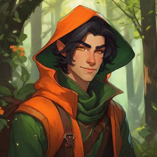 Prompt: {{{{androgynous goblin-like green skin male glowing orange irises}}}}, teenage character, taller than average,  aerodynamic build, no facial hair, black hair under hood, sharp-toothed grin, styled as a stealth Rogue, holding Whisper {dagger, Critical Role}, Placed in a fantasy forest background, capturing the essence of a darker, earth-themed D&D world.
