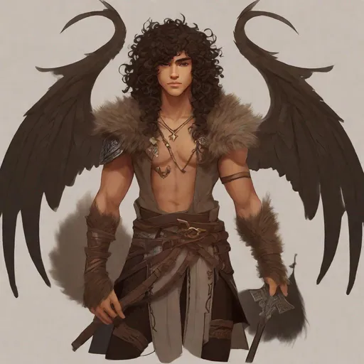 Prompt: a tiny light brown skin younger male, Long curly brown hair, {{{{{no facial hair}}}}}, Pixie race, tattered soot covered Vantablack moth wings on back,  aberrant dragonmark scar on  shoulder. He's styled as an lighter tone earth-themed Rune Knight Barbarian, wielding druid like gargantuan tree trunk three times his size, with a build like Miles Morales, in a fantasy forest background, The art can be a sketch or illustration.