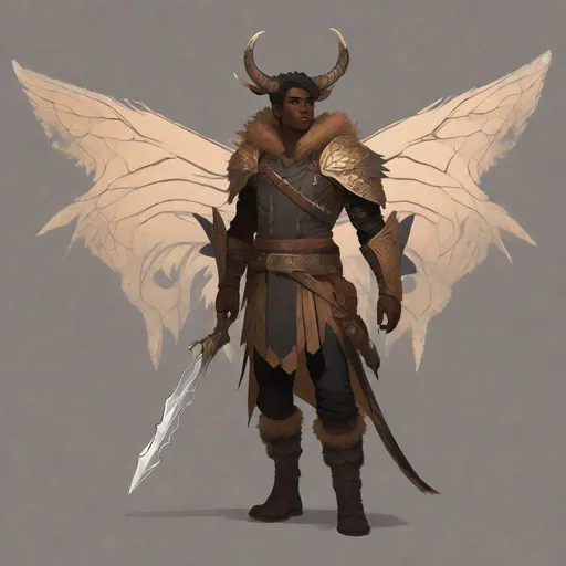 Prompt: a tiny light brown skin younger male, {{{{{no facial hair}}}}}, Pixie race, tattered soot covered Vantablack moth wings on back, featuring an aberrant dragonmark scar on his shoulder. He's styled as an lighter tone earth-themed Rune Knight Barbarian, wielding druid like gargantuan tree trunk three times his size, with a build like Grog Strongjaw from critical role but very skinny, in a fantasy forest background, The art can be a sketch, drawing, or illustration.