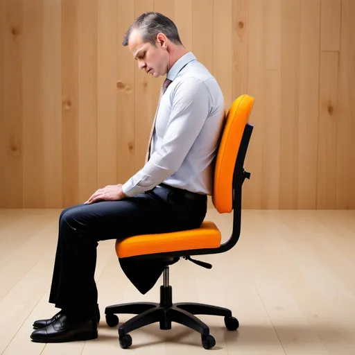 Prompt: This image highlights the pain in neck and also  discomfort of sitting on hard or narrow surfaces. It features a professionally dressed man sitting on a wooden chair, visibly experiencing back pain and discomfort. The background is yellow, with bold orange and white text emphasizing the issue. The image suggests the negative impact of improper seating on posture and comfort, making it ideal for promoting ergonomic solutions like cushions or supportive seating products.
