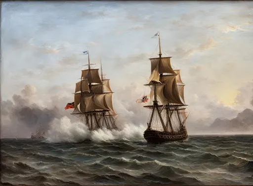 Prompt: Naval battle between two frigates on rolling waves, 18th-century oil painting, detailed ship structure and rigging, high-quality, oil painting, 18th-century, detailed waves, historical, realistic, dark lighting, battle atmosphere