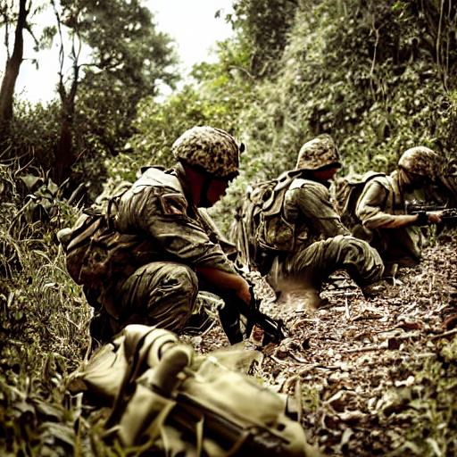 Prompt: Soldiers examining ground, Jungle setting, war photography, dynamic composition, natural materials, high quality, realistic, wartime, detailed foliage, intense atmosphere, photojournalism, earthy tones, natural lighting