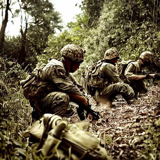 Prompt: Soldiers examining ground, Jungle setting, war photography, dynamic composition, natural materials, high quality, realistic, wartime, detailed foliage, intense atmosphere, photojournalism, earthy tones, natural lighting
