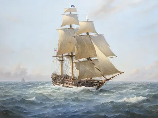 Prompt: British frigate sailing on rolling waves, 18th-century oil painting, detailed ship structure and rigging, vibrant summer atmosphere, high-quality, oil painting, 18th-century, detailed waves, historical, realistic, vibrant colors, warm lighting