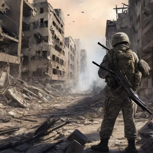Prompt: A soldier painting, in a destroyed city, looking to the side, equiped with a m16.