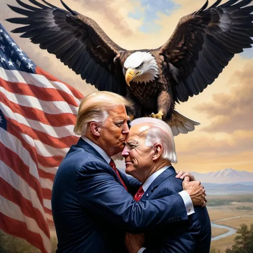 Prompt: Biden and Donald Trump embracing, wrapped in American flag, majestic eagle flying overhead, patriotic, realistic oil painting, detailed facial expressions, high quality, traditional realism, warm tones, natural lighting, emotional moment, iconic gesture, American symbolism, presidential embrace, unity, majestic eagle, patriotic colors