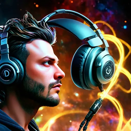 Prompt: futuristic DJ, (realistic face), wearing headphones, intricate cables connected to hair, dark deep starry space sky, glowing cosmic elements, vibrant colors, energetic vibes, (4K), ultra-detailed, atmospheric lighting highlighting the DJ scene, a sense of wonder and creativity enveloping the space environment, pulsing sound waves radiating outward, deep contrast emphasizing the vastness of space.