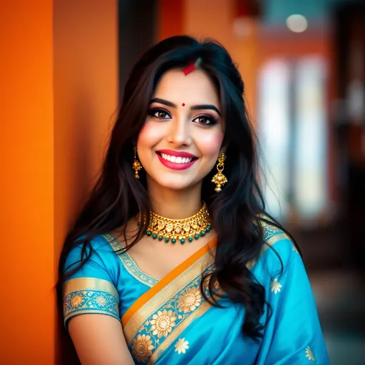 Prompt: Radiating joy and elegance, a young woman poses confidently in a vibrant blue saree, adorned with intricate golden patterns along the borders. Her long, dark hair falls softly, cheekily framing her face where traditional jewelry—including a choker, earrings, and a delicate bindi—adds a touch of cultural grace. The warm environment, characterized by an inviting orange wall and soft indoor lighting, enhances the rich colors of her attire. With a gentle smile and a relaxed posture, she exudes a sense of celebration and happiness, reflecting a moment of pride in her heritage. The scene captures a blend of beauty and tradition, inviting admiration and appreciation.