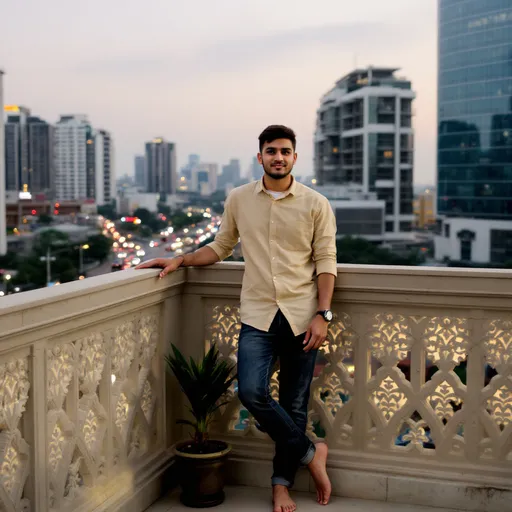 Prompt: Standing on a balcony adorned with intricate architectural details, a young man leans casually against a decorative stone railing, exuding a relaxed demeanor. He wears a light-colored button-up shirt paired with dark jeans, and his bare feet suggest a comfortable and informal setting. The backdrop features a bustling cityscape, with modern buildings visible under a soft, muted sky, hinting at twilight. A small potted plant beside him adds a touch of greenery to the scene, while the overall composition captures a blend of urban life and personal tranquility, reflecting a moment of leisure amidst the vibrancy of city living.