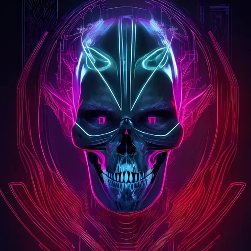 Prompt: Neon demon, shard King, Skull, Metallic, dark background, saint and demon, technology and religion, futuristic