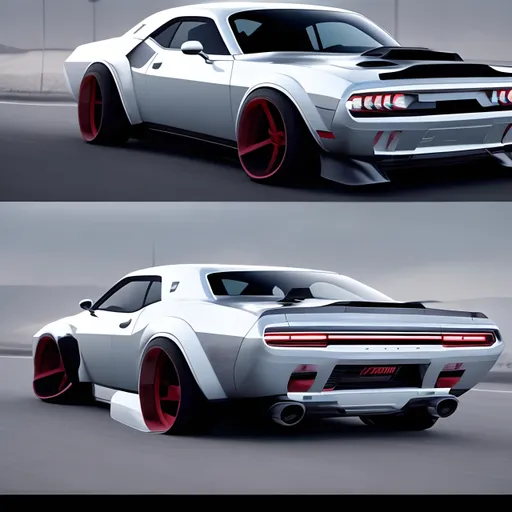 Prompt: Modern Car in the year 2040 Make it sleek and not too futuristic abit class dodge challenger inspired, gtr headlights, skyline backlights, 1970 Plymouth Carrera spoilers