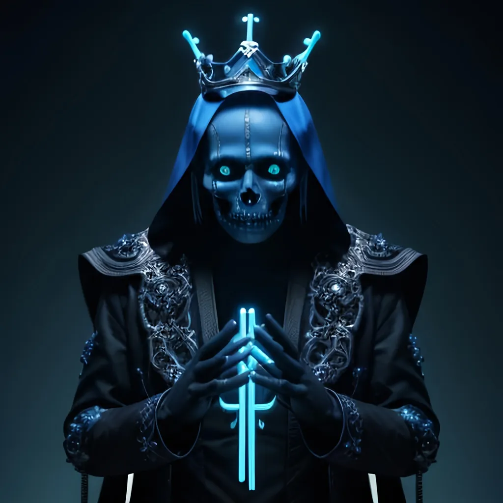 Prompt: Neon Blue demon King, shard King, Skull, Metallic, dark background, saint and demon, technology and religion, futuristic